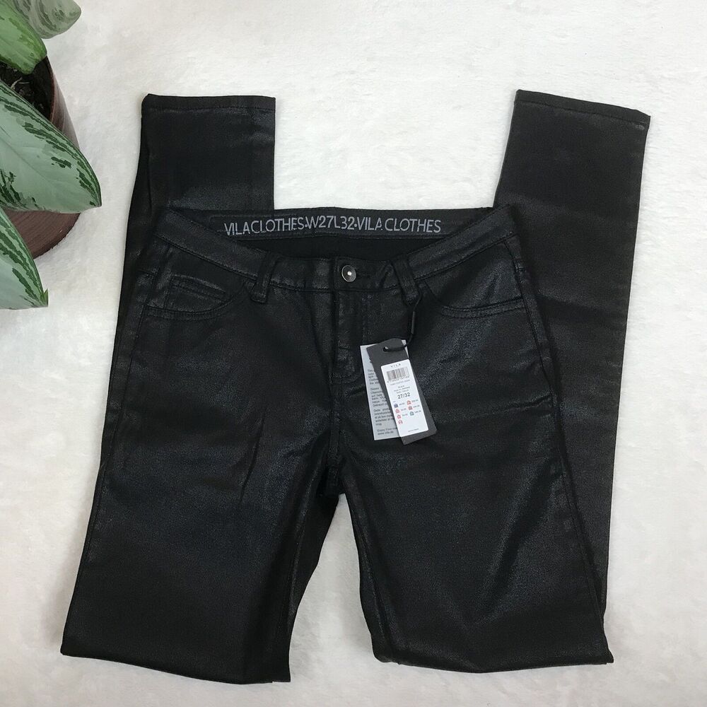 NWT Vila Women's Black Cubu Coated Skinny Jeans Size 27